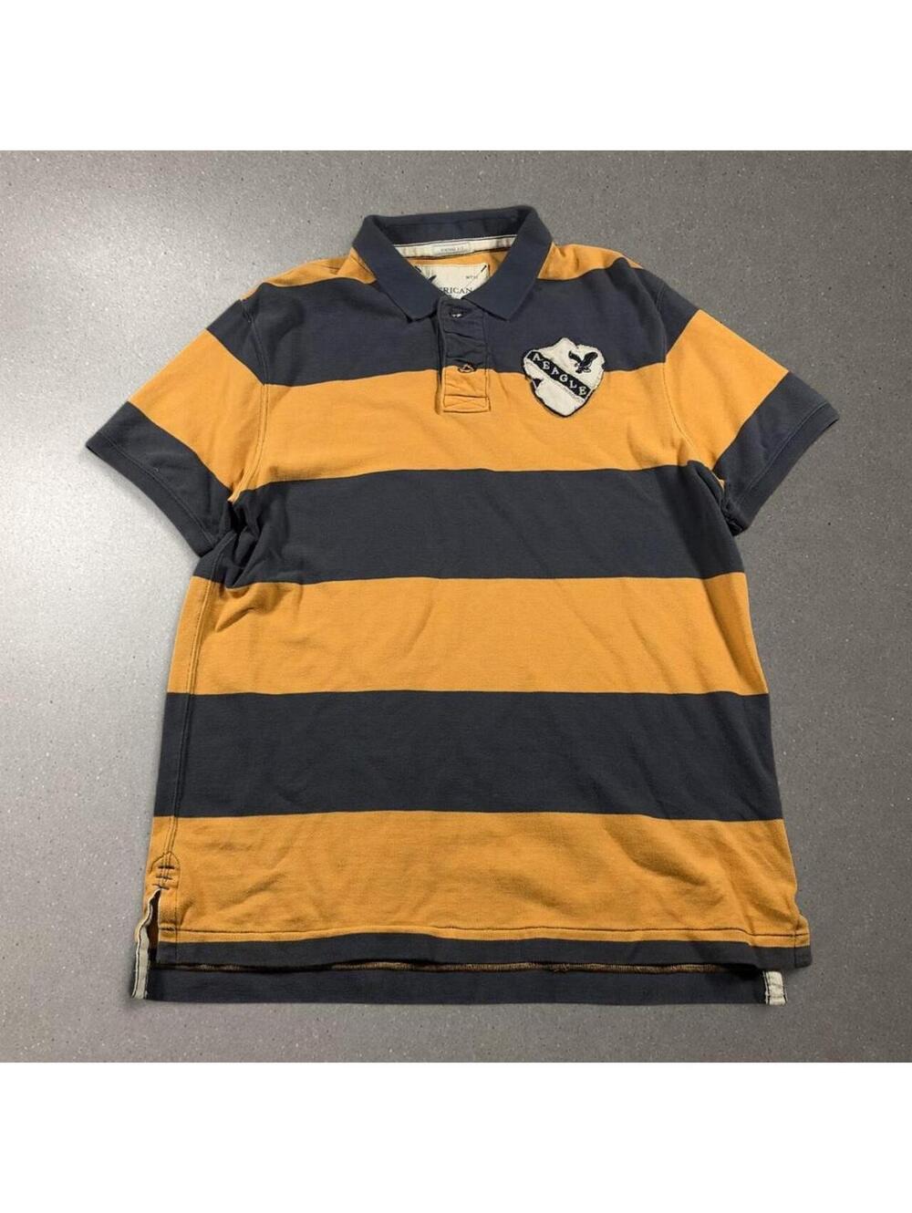 Y2K Skater Indie American Eagle Yellow Striped Rugby Polo Shirt - Men's Large!